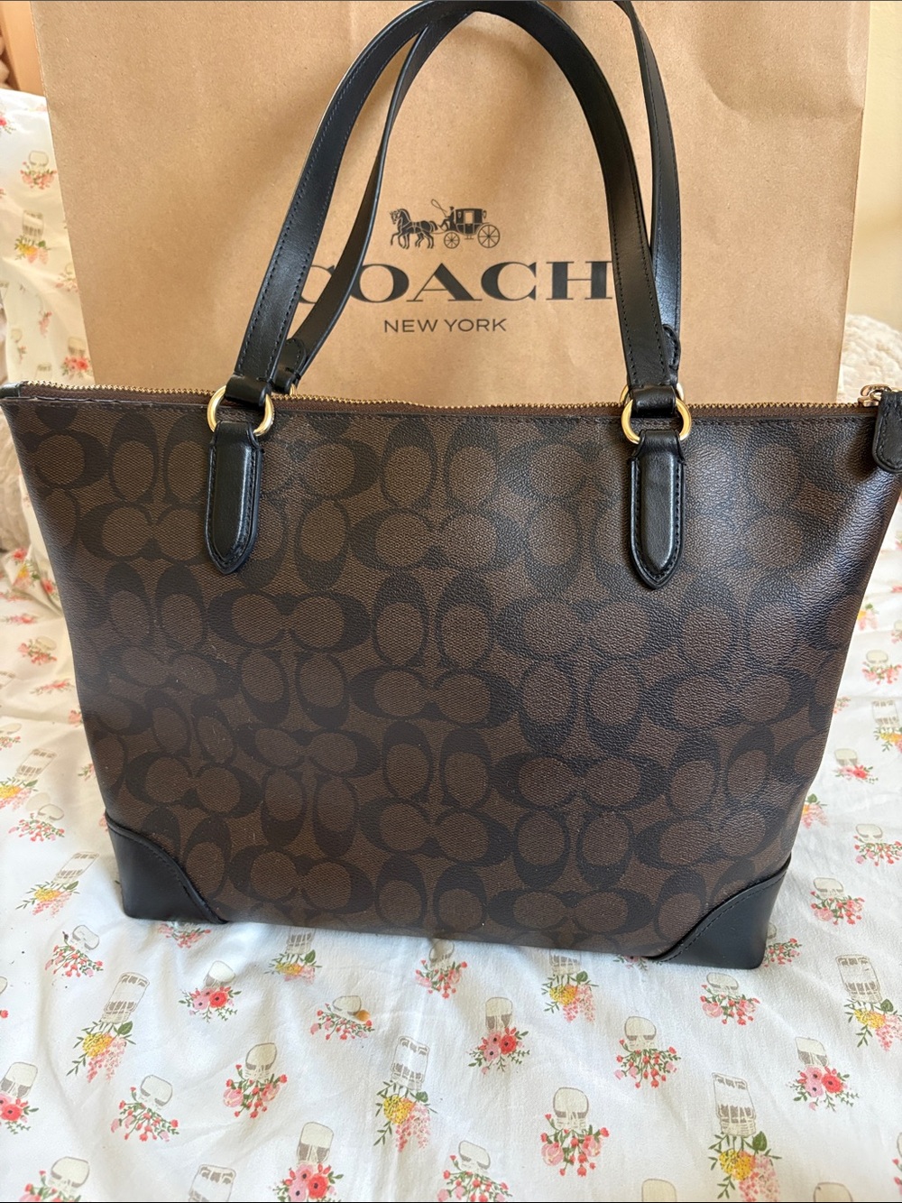 Coach Brown Signature Canvas Tote with Black Leather Handles - Picture 4 of 9